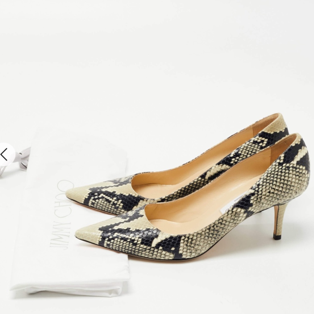 Jimmy Choo Beige/Black Python Embossed Leather Romy Pumps - Picture 10 of 13